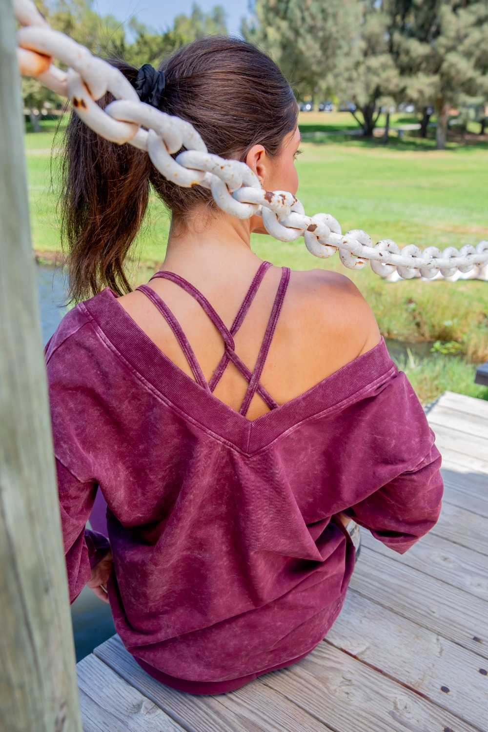 Mineral Wash Cotton Blend Deep V-Neck Long Sleeve Plum 24