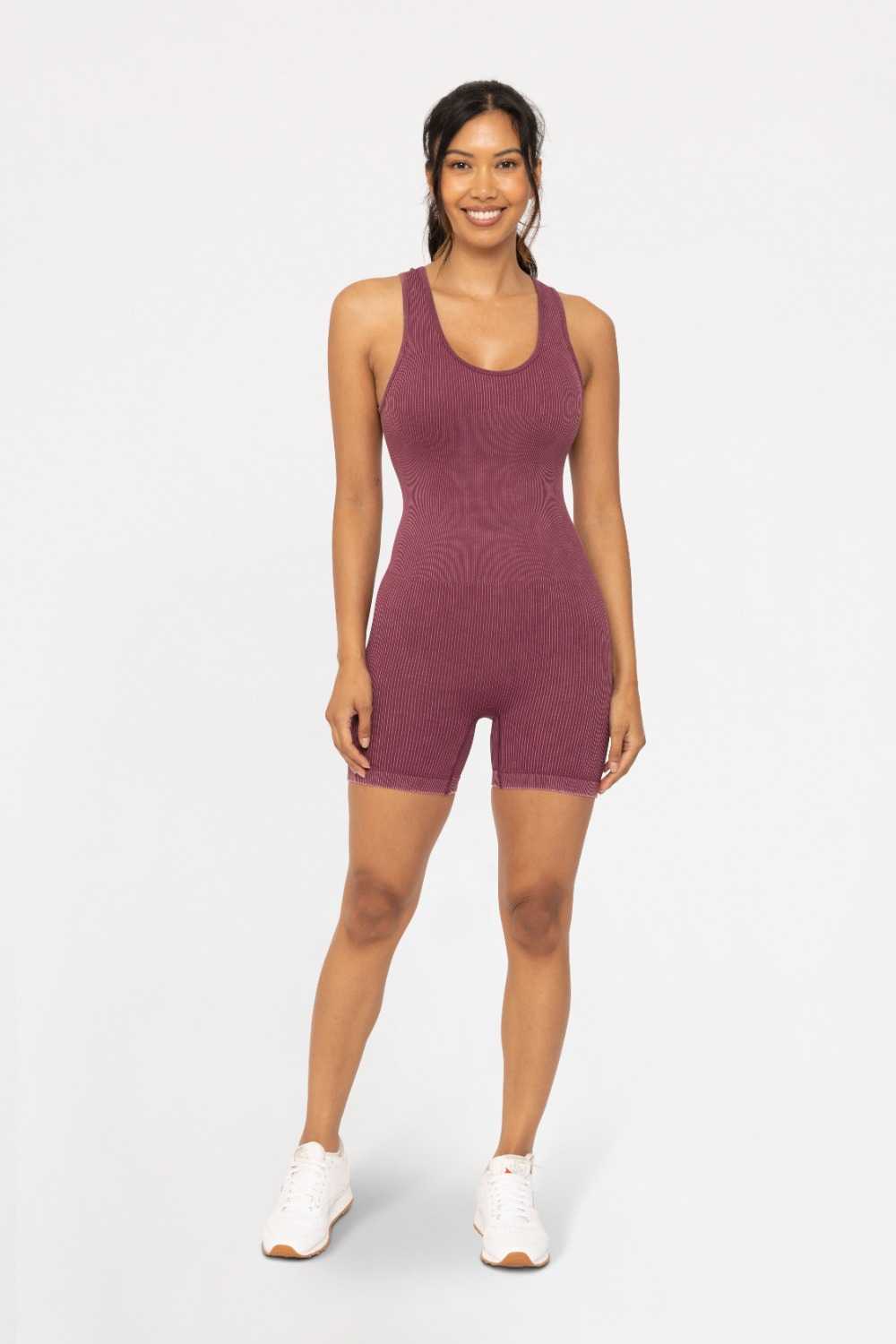 Mineral Wash Ribbed Active Romper Plum 24