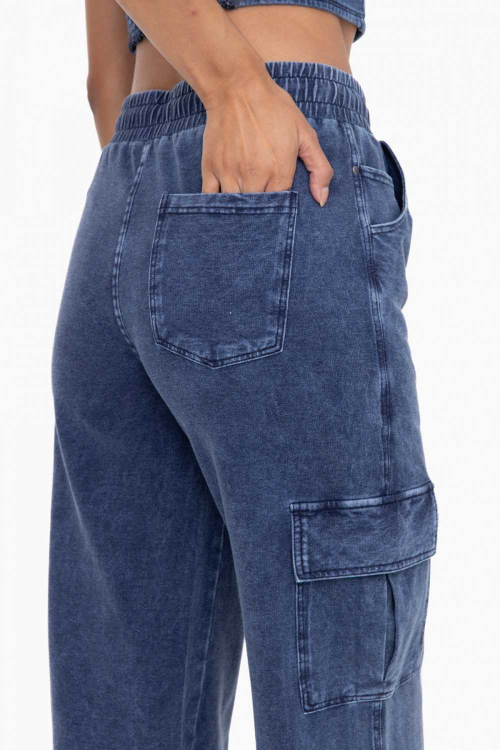 Mineral Wash Wide Leg Cotton Cargo Pants