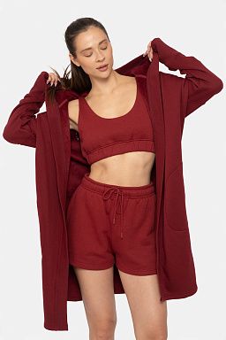 Open Front Longline Hoodie Cardigan with Fleece Lining Red velvet