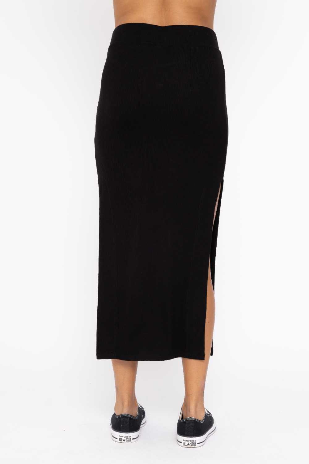 Ribbed High Waisted Midi Skirt Black