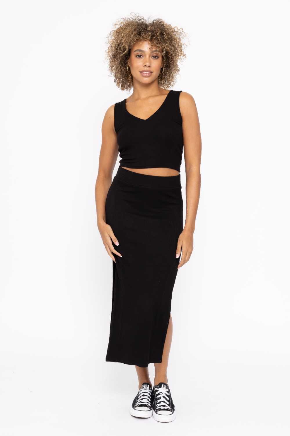 Ribbed High Waisted Midi Skirt Black
