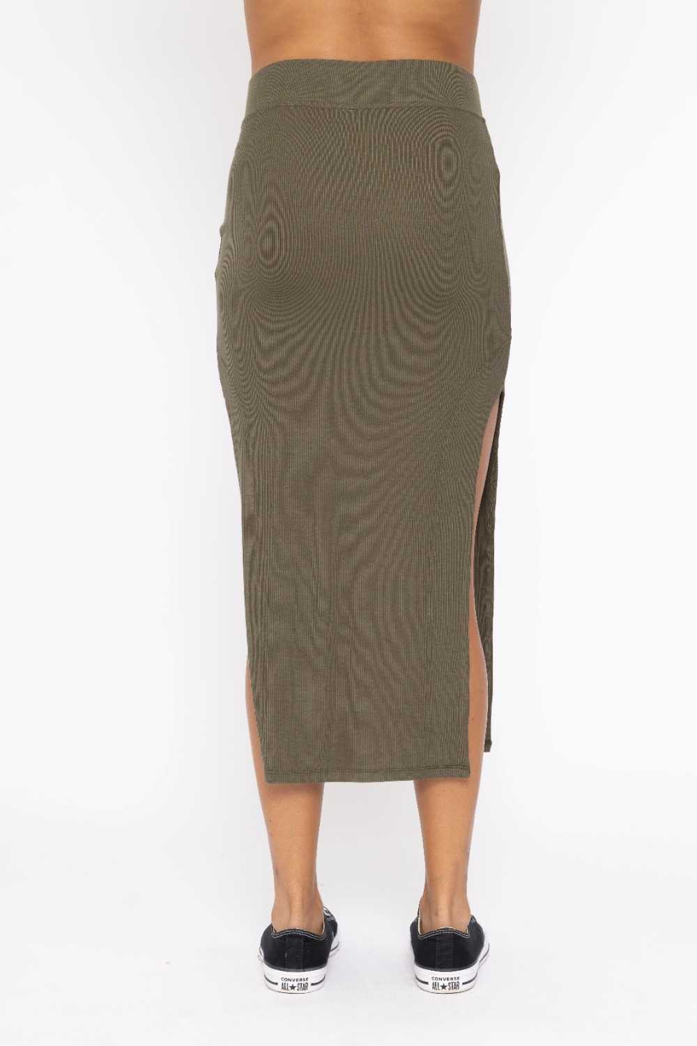 Ribbed High Waisted Midi Skirt Ivy green