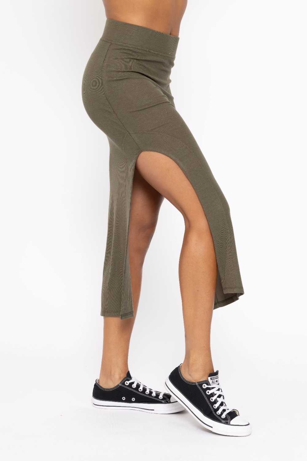 Ribbed High Waisted Midi Skirt Ivy green