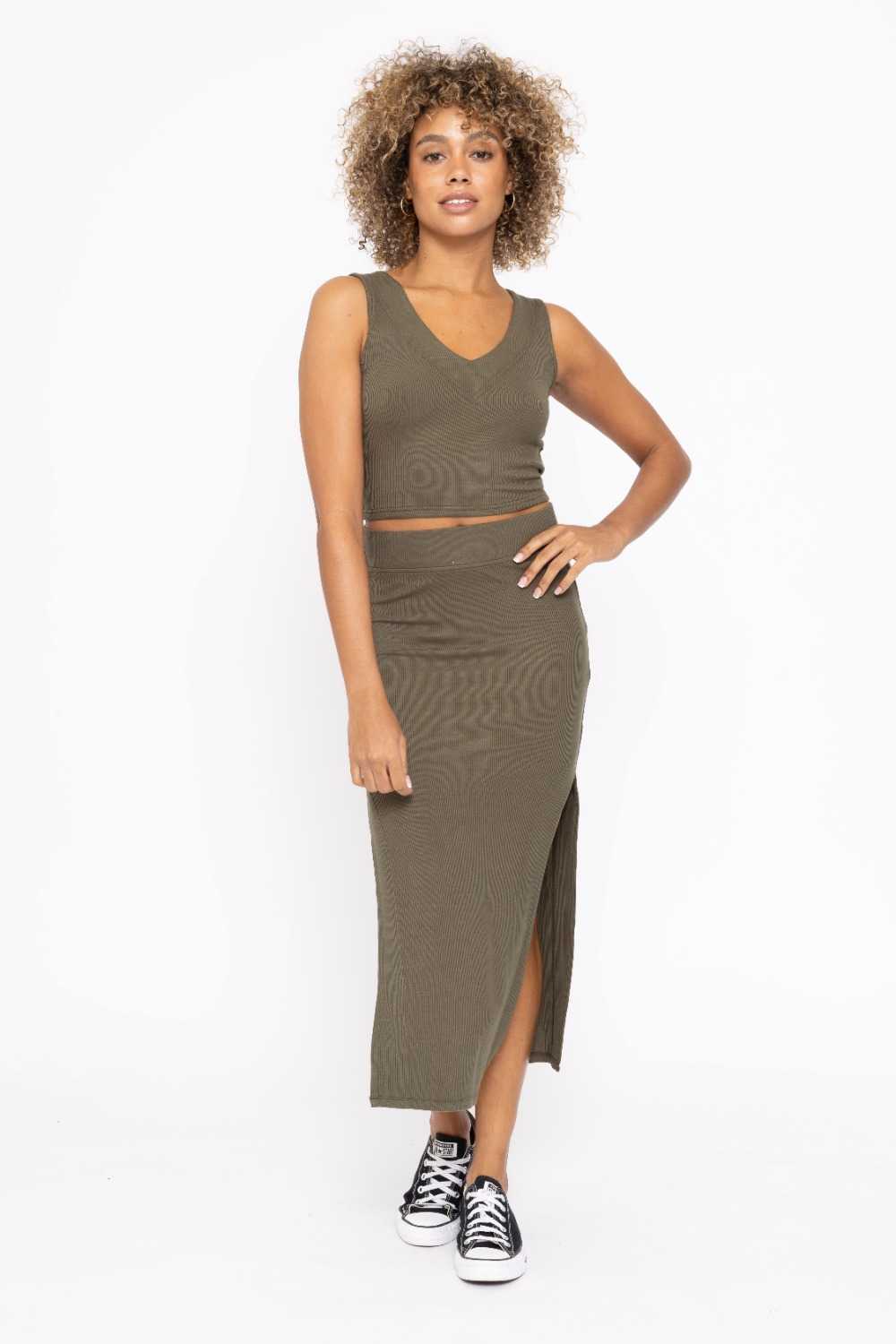 Ribbed High Waisted Midi Skirt Ivy green