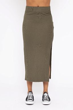 Ribbed High Waisted Midi Skirt Ivy green