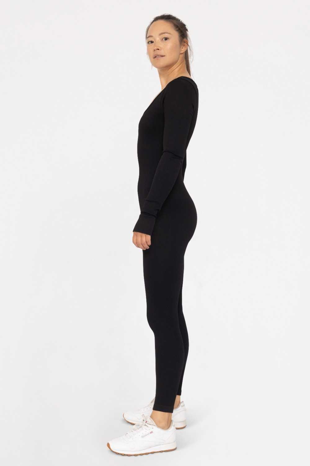 Seamless Ribbed Long Sleeve Jumpsuit Black