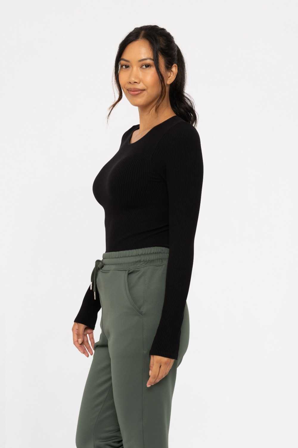 Seamless Ribbed Long Sleeve Top Black