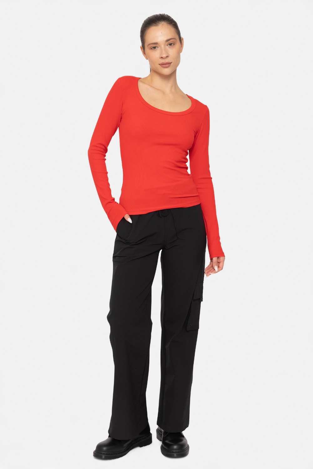 Slim Fit Scoop Neck Long Sleeve Top Cherry
