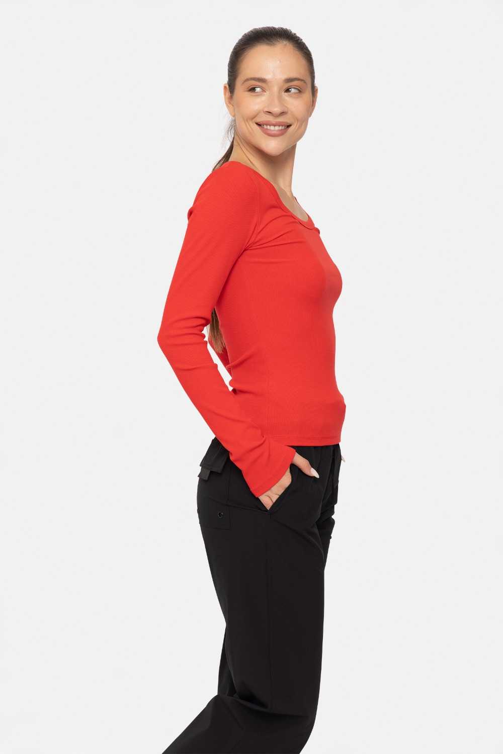 Slim Fit Scoop Neck Long Sleeve Top Cherry