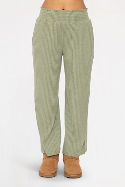 Smocked Waistband Ribbed Wide Leg Pants Sage