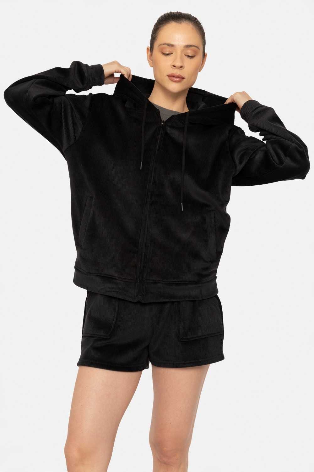 Soft Luxe Corduroy Zip Up Hoodie Black