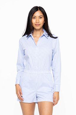 Striped Cotton Blend Button Down Romper Blue stripe