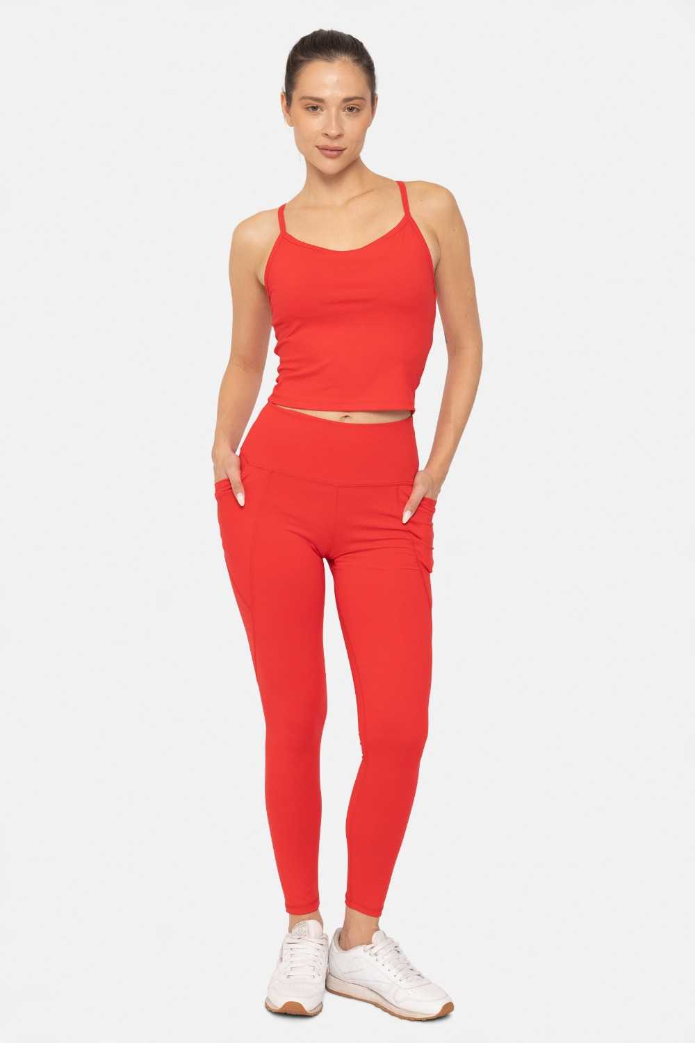 Tapered Band Essential Solid High-Waist Leggings Cherry
