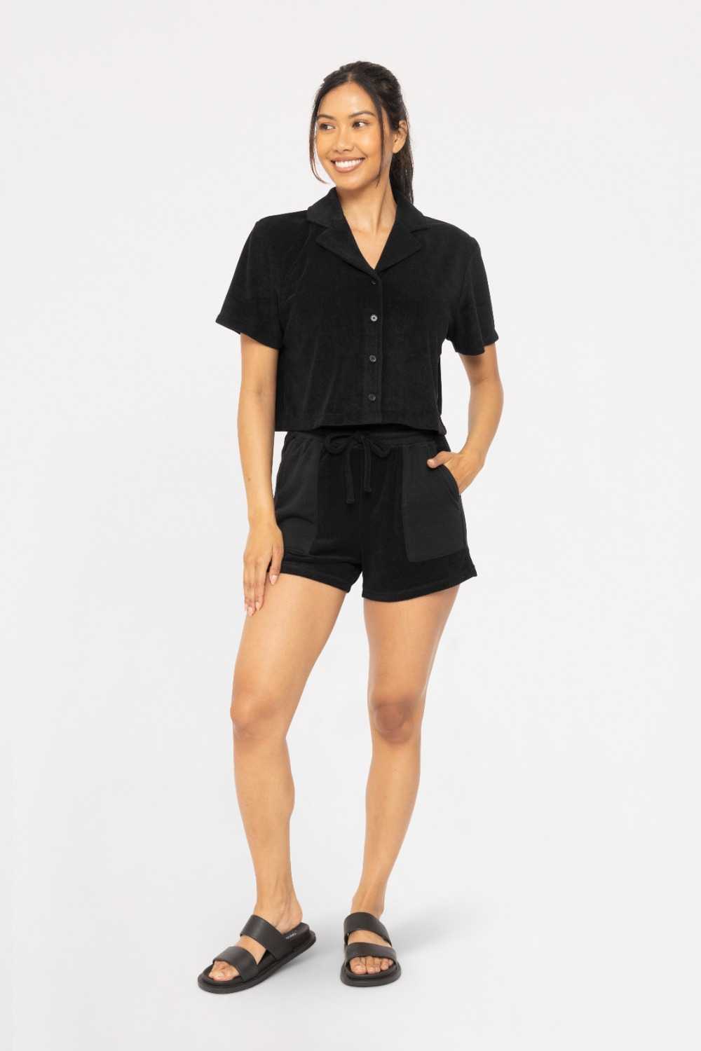 Terry Lapel Button-Up Shirt Black